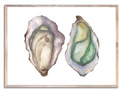 Oysters Art Print Coastal Watercolor Painting Oyster Shell Wall Art Aqua Blue Green and Beige Wall Decor
