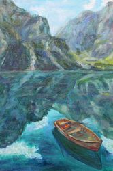 Lake landscape oil painting Seascape artwork boat painting