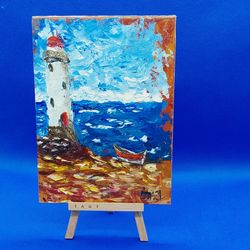 Lighthouse Seascape Boat Small Painting Ocean Shore Art Mountain Landscape Summer Art Wall Oil Painting Original Artwork