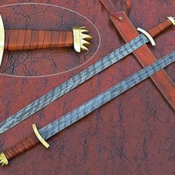 Damascus Sword, Claymore Sword, Double Edge Blade Sword, Crown Shape Pommel, Battle Ready Sword,