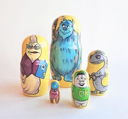 Monsters, Incorporated wooden nesting dolls matryoshka - Russian dolls cartoon characters painted