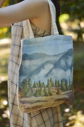 Shopping bag, hand painted bag, handmade bag, cotton shopper,  landscape mountain, mountain painting, mountain art