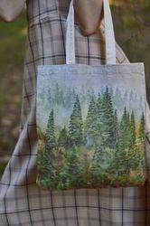 hand painted bag, shopper bag, handmade bag, forest painting, landscape painting, forest art, nature art, wearable art