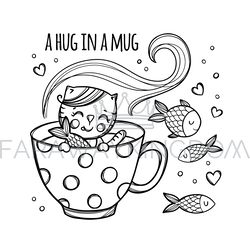 KITTEN AND FISH In Mug Cartoon Clip Art Vector Illustration Set