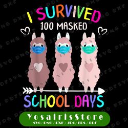 I Survived 100 Masked School Days PNG, Llama Virtual Teacher Girl Png, Quarantine Llama, Llama Masked PNG Sublimation