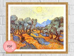Cross Stitch Pattern,Van Gogh ,Olive Trees with Yellow Sky and Sun , Pdf, Instant Download , X stitch Chart