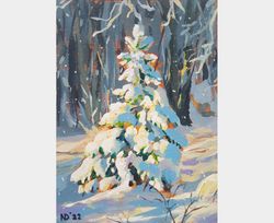 Christmas tree painting original oil Winter landscape wall art Snowy artwork 5"x7"