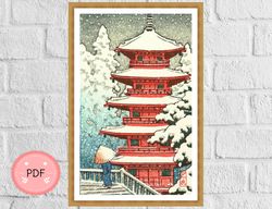 Cross Stitch Pattern,Pagoda in Snow,Pdf Format,Instant Download,Japanese Art,Ukiyoe Style,Japan,Winter Scene
