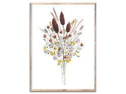 Fall Flowers Art Print Autumn Florals Watercolor Painting Windflowers Bouquet Wall Art Farmhouse Wall Decor
