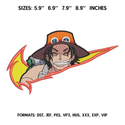 ace embroidery design file/ one piece anime embroidery design/ machine  design pes dst. swoosh nike portgas d. ace