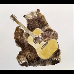 Brown Bear with Guitar Original Watercolor Painting Animal Painting by Guldar