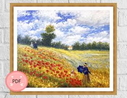 Poppy Field Cross Stitch Pattern,Claude Monet,Instant Download,Famous Painting , Flower X Stitch Pattern,Full Coverage