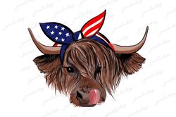 Highland cow USA flag bandana Cow sublimation Cow lick tongue sublimation Heifer stuck out his tongue 4th july cow png