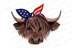 Highland cow with USA flag bandana Highland Cow sublimation Cow bandana png 4th july Heifer usa bandana Instant download