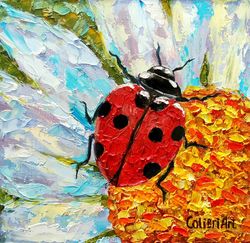 Ladybug Painting Daisy Original Art Animal Flower Painting Floral Small Art Insect Colorful Art 8" x 8" By Colibri Art