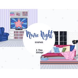 Movie Night Scene Clipart | Living Room Illustration