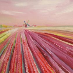 Dutch landscape with tulips. Mill on the background of a field with stripes of red, yellow, pink flowers. 10x8 inches