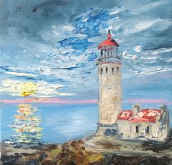 lighthouse in oil, landscape in oil paints,lighthouse on the seashore, clouds over the sea,sea in oil, sun,sea