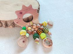 Juniper wood rattle toy Hedgehog, Natural Baby toys for newborn, Baby Sensory toys, organic chew toys, Wooden Ring toy