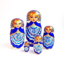 Gzhel painted Russian nesting dolls Matryoshka 5 pieces blue white