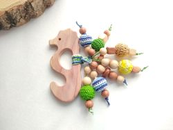 juniper wood rattle toy sea horse , natural baby toys for newborn, baby sensory toys, organic chew toys, wooden ring toy
