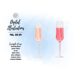 Wine glass digital illustrations, white and pink champagne clipart, holiday clip art, DIGITAL DOWNLOADS, diary stickers