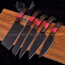 Custom Hand Forged Carbon Steel Black Powder Coated Chef BBQ Knife Set of 5 pieces, Kitchen Knives, Valentines day Gift