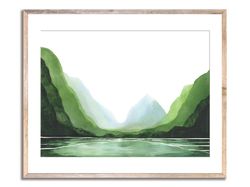Mountain Lake Wall Art Large Minimalist Landscape Art Print Milford Sound Abstract Watercolor Painting Green Mountains