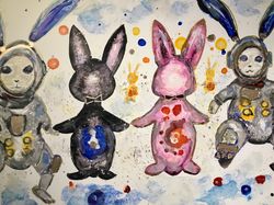Cosmic bunnies mix media painting on yupo paper,watercolours and alcohol inks painting,wall decoration,gift.
