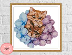 Cats Cross Stitch Pattern ,Cats With Hydrangeas,Flower X Stitch Pattern, Pdf, Instant Download , Floral Pattern,Kitty