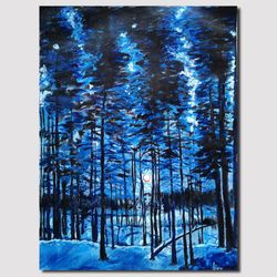 Original handmade acrylic painting Full moon in the forest Woodland landscape Wall Art Living room Wall Decor