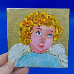 Boy guardian angel mini painting religion art angel with heart painting child portrait painting original artwork