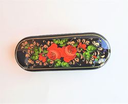Red flowers floral glasses case hard - Russian eyeglass case hand painted