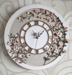 Pink gray wall clock with 3D pink voluminous sakura MOTHER's DAY GIFT Silent large wall clock with flowers Wedding gift