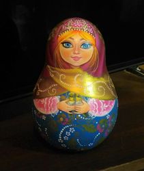 Russian music roly poly doll Girl with Birds - Big wooden ringing tilting toy hand-painted