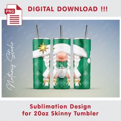 Cute Christmas Female Gnome - Seamless Sublimation Pattern - 20oz SKINNY TUMBLER - Full Tumbler Wrap