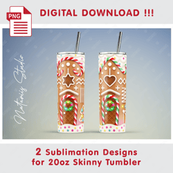 2 Christmas Cookie Houses - Seamless Sublimation Pattern - 20oz SKINNY TUMBLER - Full Tumbler Wrap