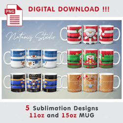 5 Cute Christmas Sublimation Designs - 11oz 15oz MUG - Digital Mug Wrap