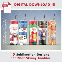 5 Cute Christmas Characters - Seamless Sublimation Patterns - 20oz SKINNY TUMBLER - Full Tumbler Wrap