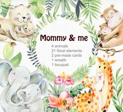 Mother and baby animals, watercolor clipart.