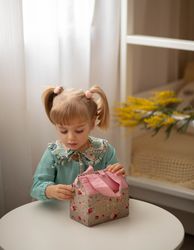Kids toy - floral fabric doll house bag with miniature furniture. Best gift for kid girl 3-5 years old