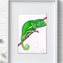 Chameleon watercolor, painting original watercolor art by Anne Gorywine