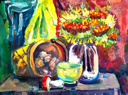 Painting, still life with a basket, mushroom, vase, bouquet in a glass jar, made in gouache, illustration