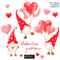 Watercolor Valentine Gnomes PNG, Clipart Gnome Hearts, I Love You Cards, Sublimation Shirt Printable, St Valentines Day