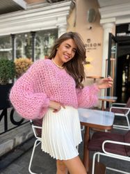 Chunky Knit Mohair Sweater, Oversized knitted sweater, Mohair fall pullover, Fluffy handmade sweater, Hand knit sweater