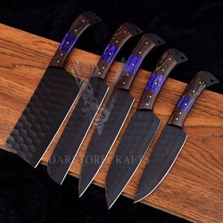 Custom Hand Forged Carbon Steel Black Powder Coated Chef BBQ Knife Set of 5 pieces, Kitchen Knives, Anniversary Gift ,