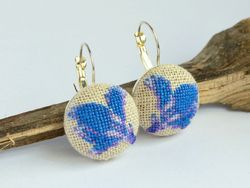 Blue flower dangle embroidered earrings, Cross stitch floral jewelry, Handcrafted dainty gift for girlfriend