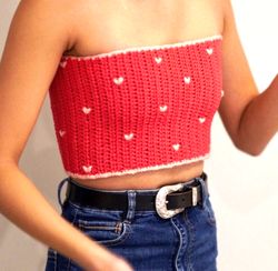 Crochet Crop top, Strapless Red Top, Rainbow top, Crochet top with hearts, Red Crocheted Top, Summer crochet Top