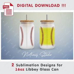 Baseball Softball Sublimation Template - Seamless Patern - 16oz LIBBEY GLASS CAN - Full Can Wrap