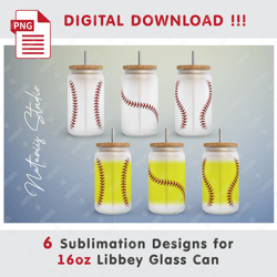 6 Baseball Softball Sublimation Templates - Seamless Paterns - 16oz LIBBEY GLASS CAN - Full Can Wrap